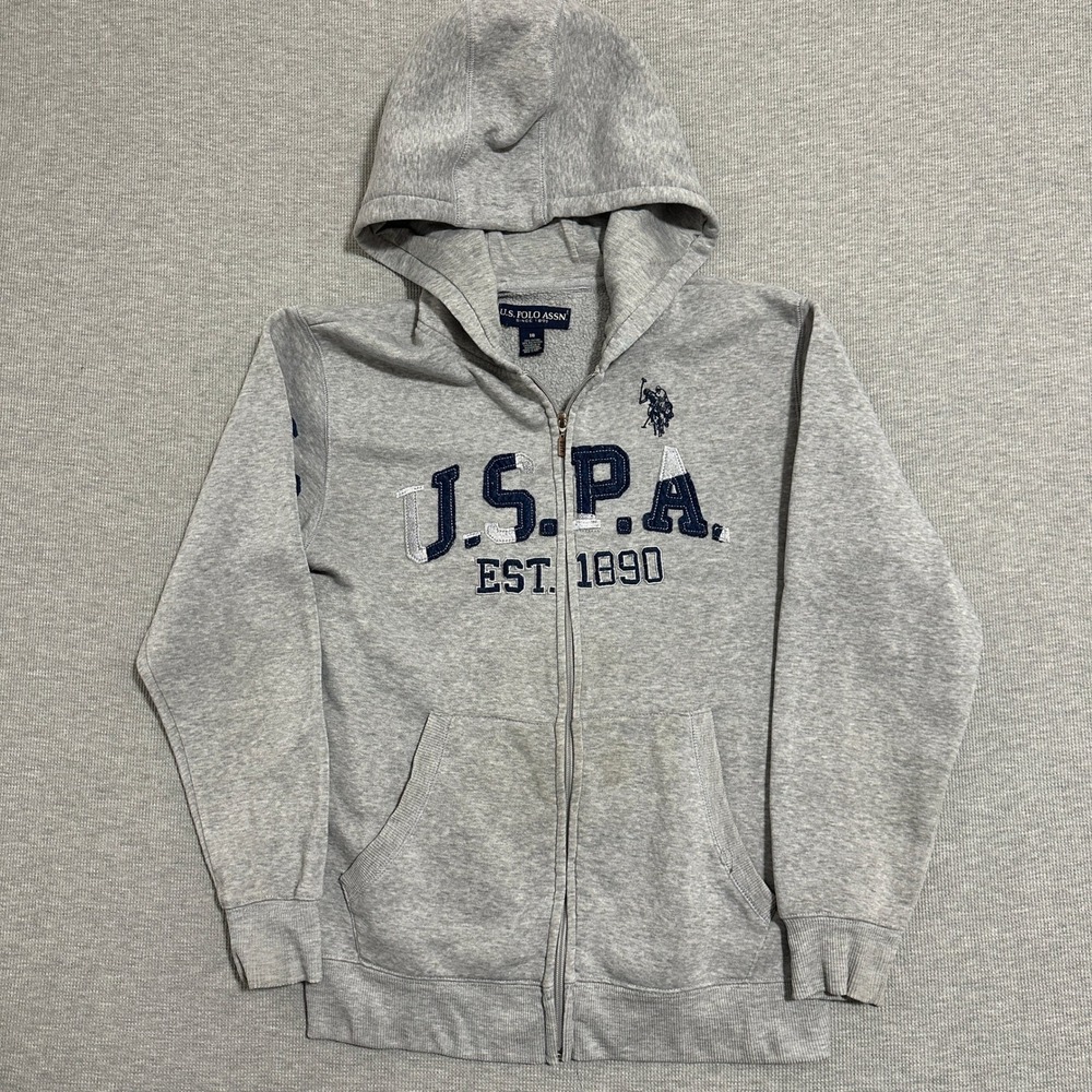 US Polo Assn Boys Gray Full Zip Hoodie Graphic Logo Sweatshirt Size 18